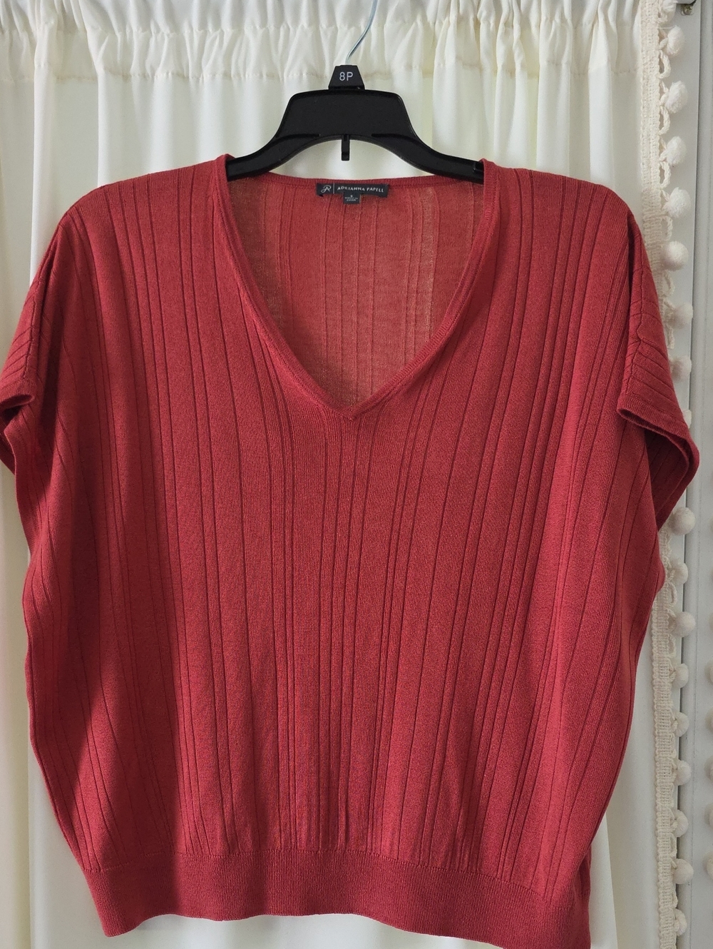 Adrianna Papell Red Ribbed V-Neck Pullover